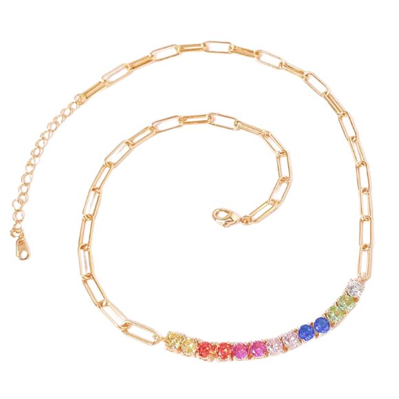 Rainbow Paper Clip Lab-Created Multi-Gemstone Tennis Necklace 18K Gold Plated - Picture 4 of 4